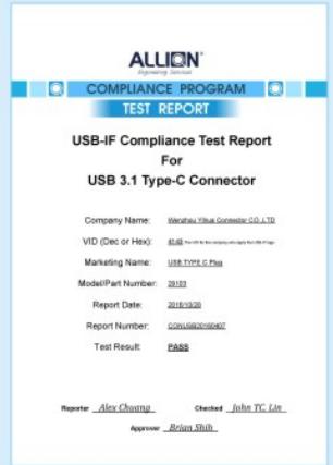 USB Type-C plug connector certificate reference