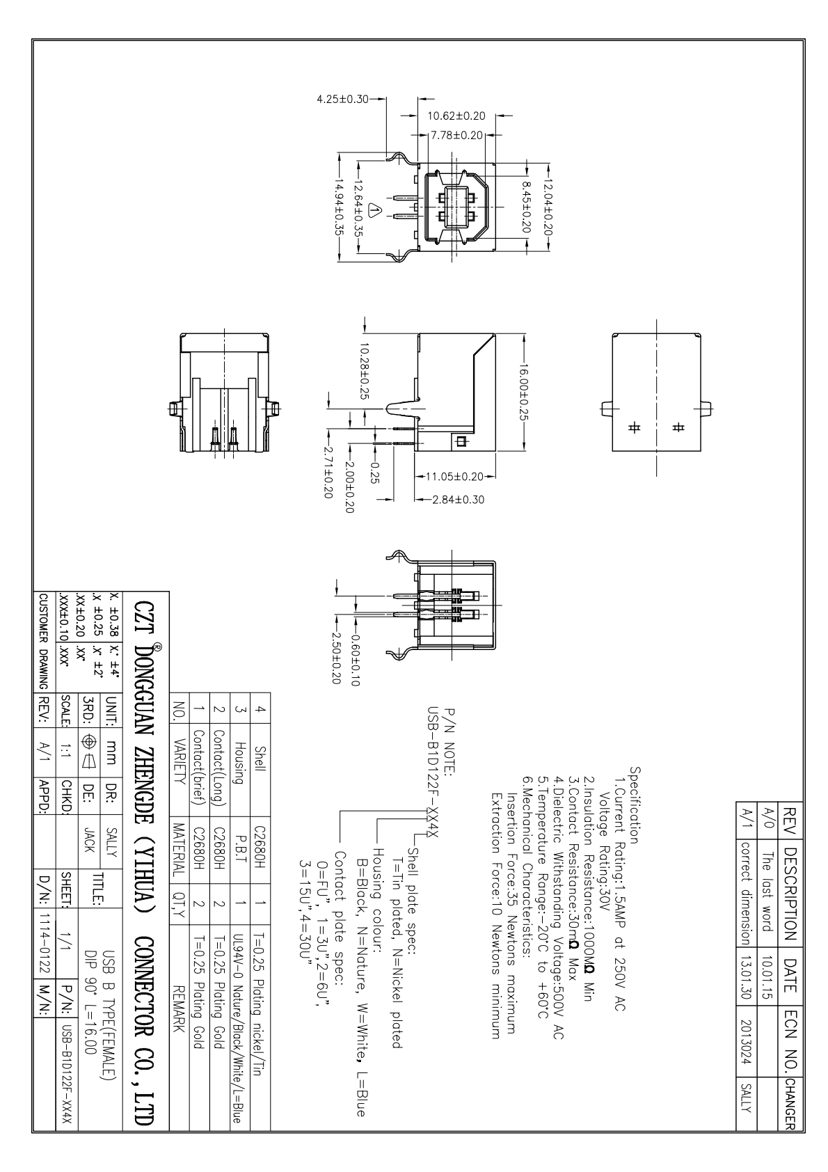 Official Type-B receptacle drawing provides orientation and mounting views for comparing the candidate with the actual board and enclosure
