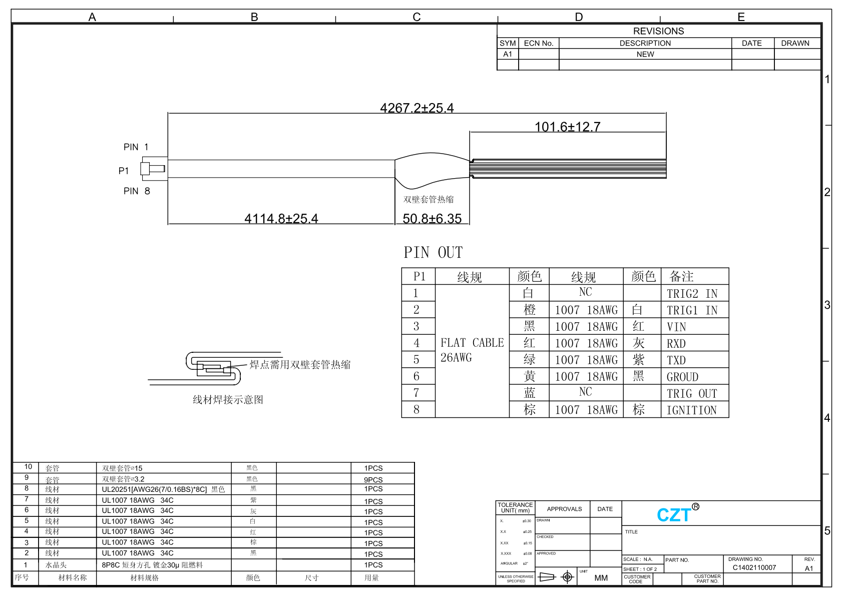 Official CZT cable drawing with endpoint and wire-joining details