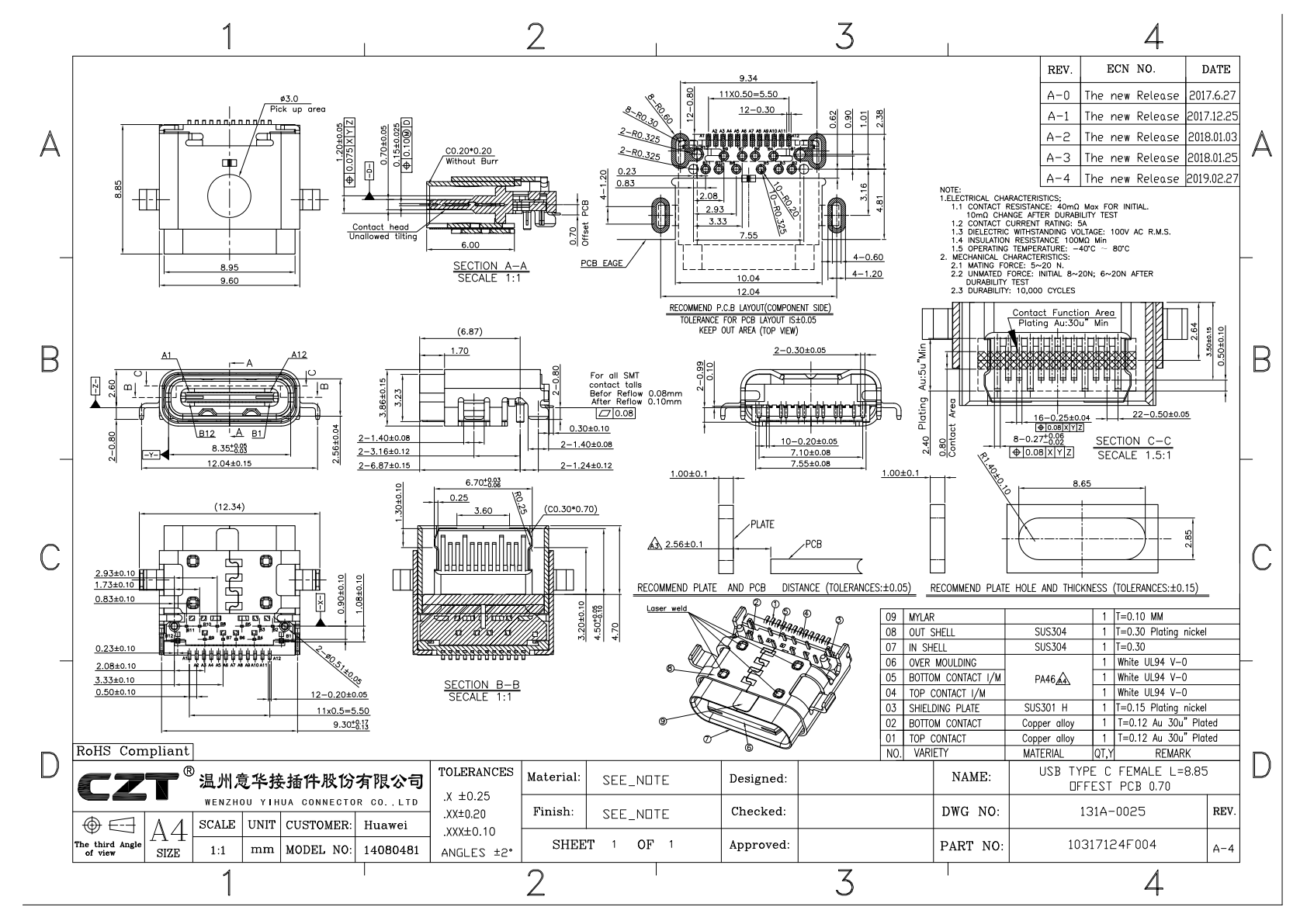 Official Type-C drawing provides the construction reference for a test specimen; permitted current and thermal conditions need separate verified requirements