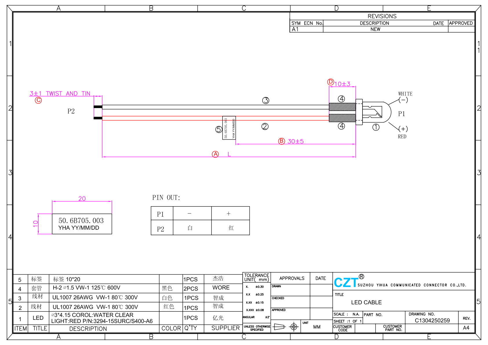 Official CZT LED CABLE drawing including label artwork
