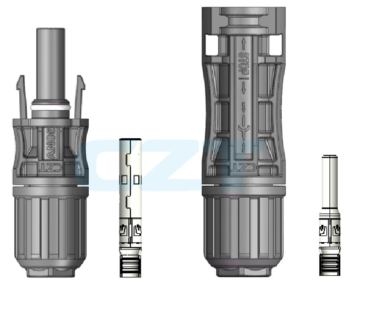 Manufacturer illustration of AN05 PV cable-end connector bodies and contacts