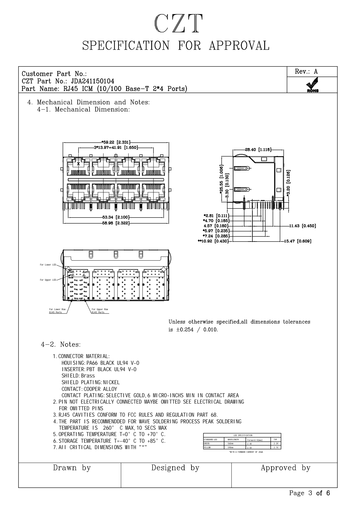 JDA241150104 two-by-four RJ45 magnetic-module mechanical drawing