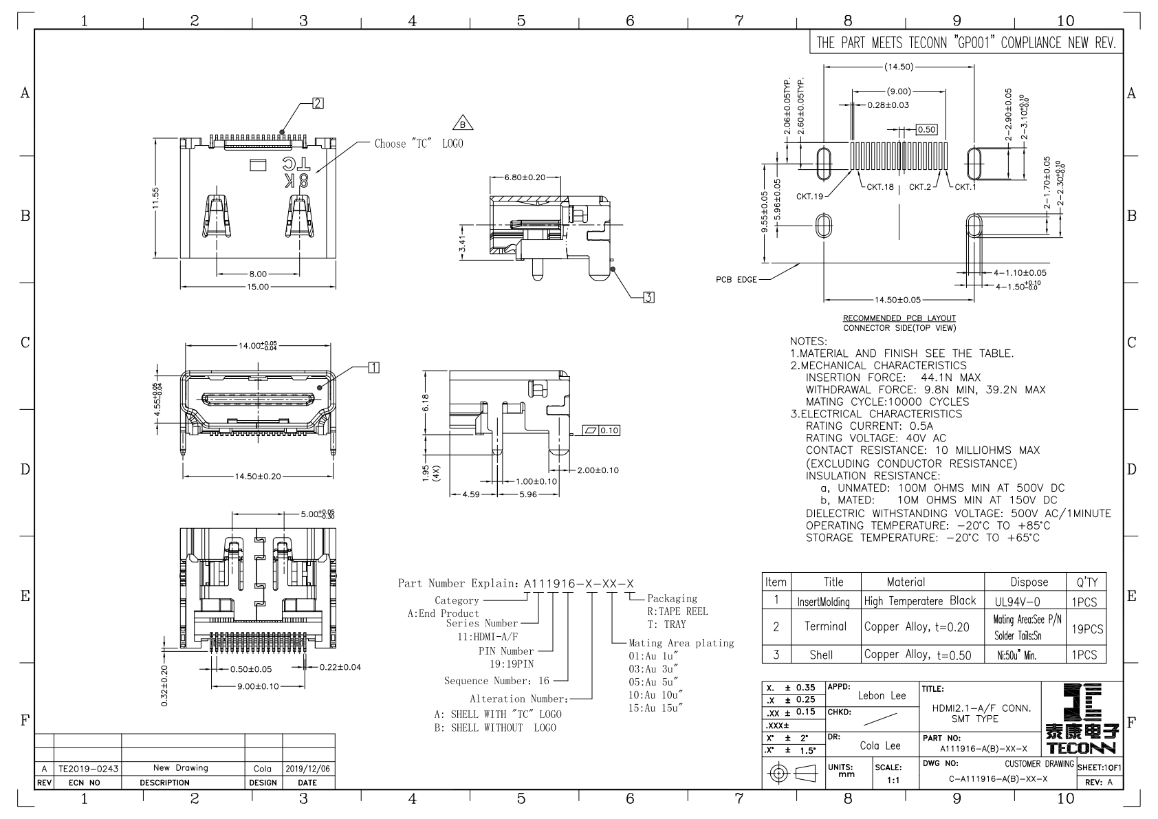 Official CZT A111916-family HDMI drawing illustrates one mechanical construction to compare during an alternative-part review