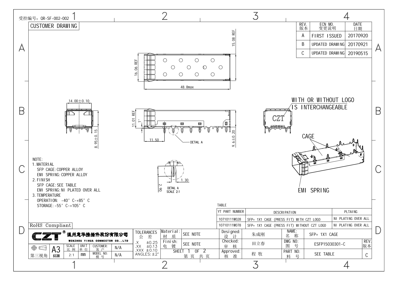 Official CZT SFP+ cage drawing provides the actual views to review before building an installed mechanical stack; confirm the required revision