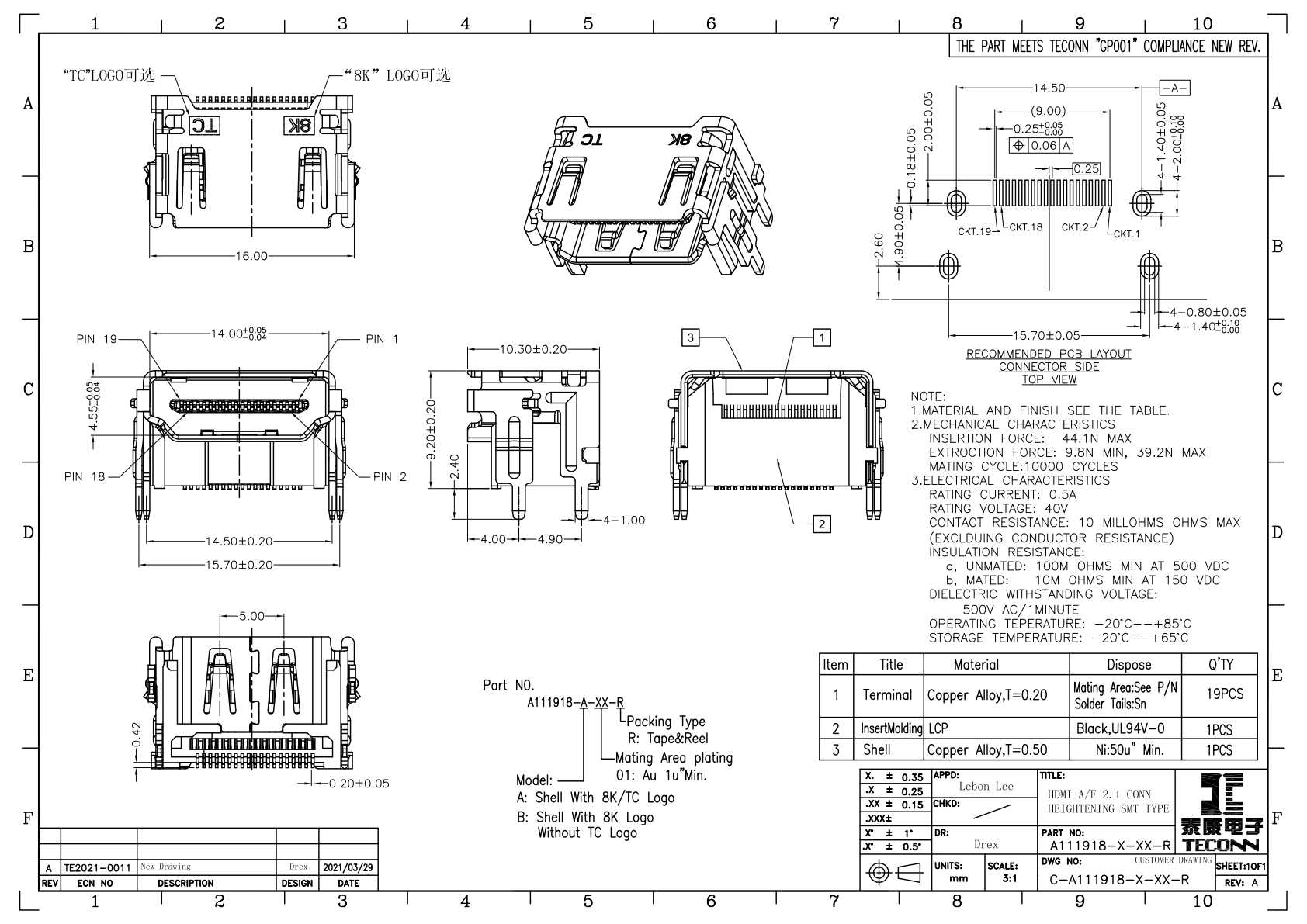 Official CZT A111918-family HDMI drawing illustrates a separate construction; compare footprint, locating and installed dimensions before approving a substitute