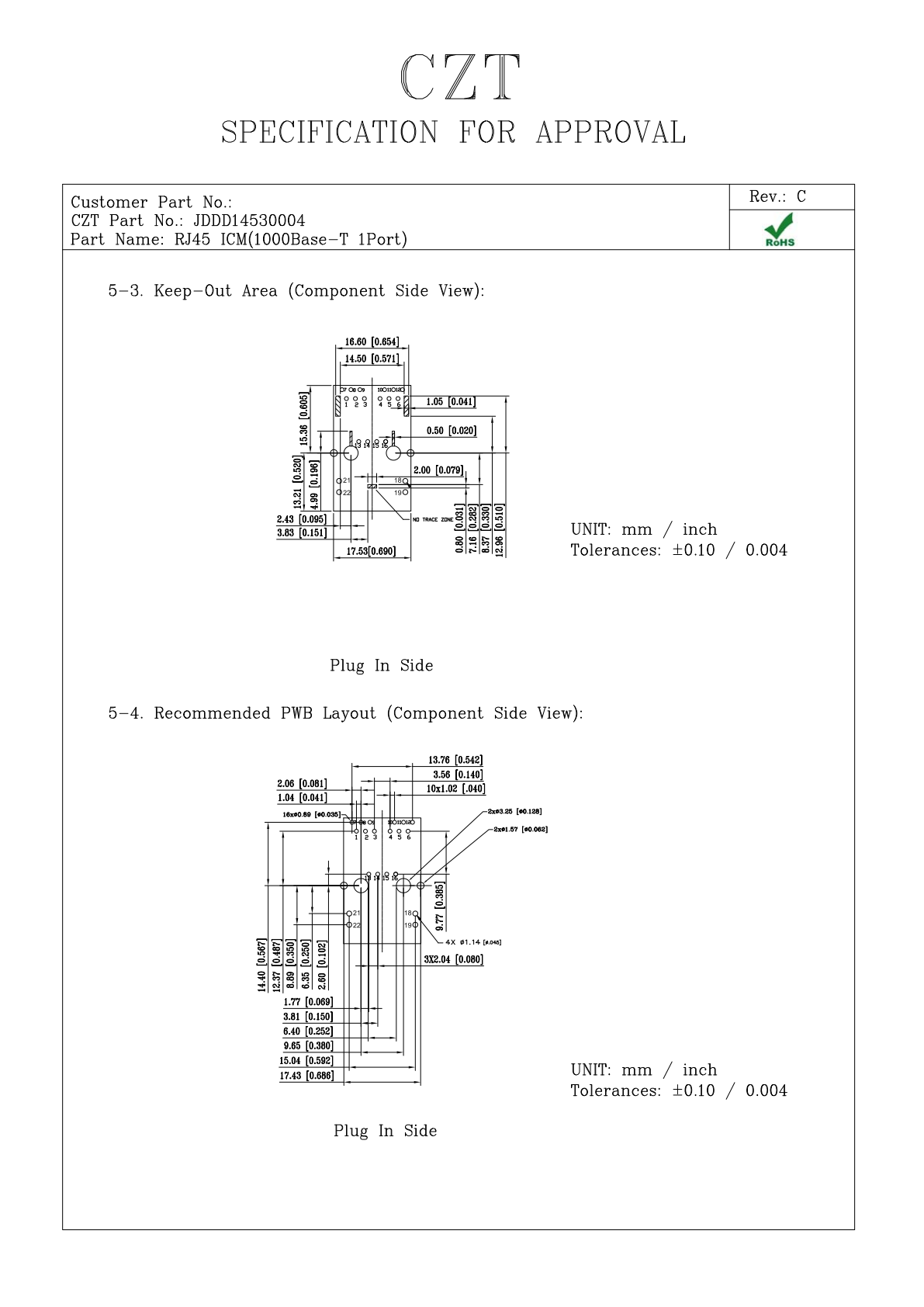 CZT JDDD14530004 manufacturer drawing with PCB layout and interface views