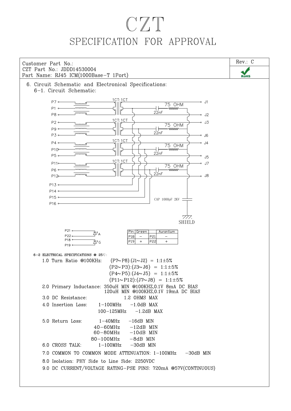 CZT JDDD14530004 manufacturer drawing with internal circuit and electrical specification fields