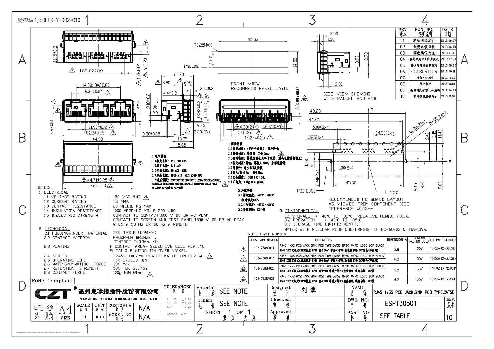 ESP130501 three-port recessed RJ45 mechanical and PCB drawing