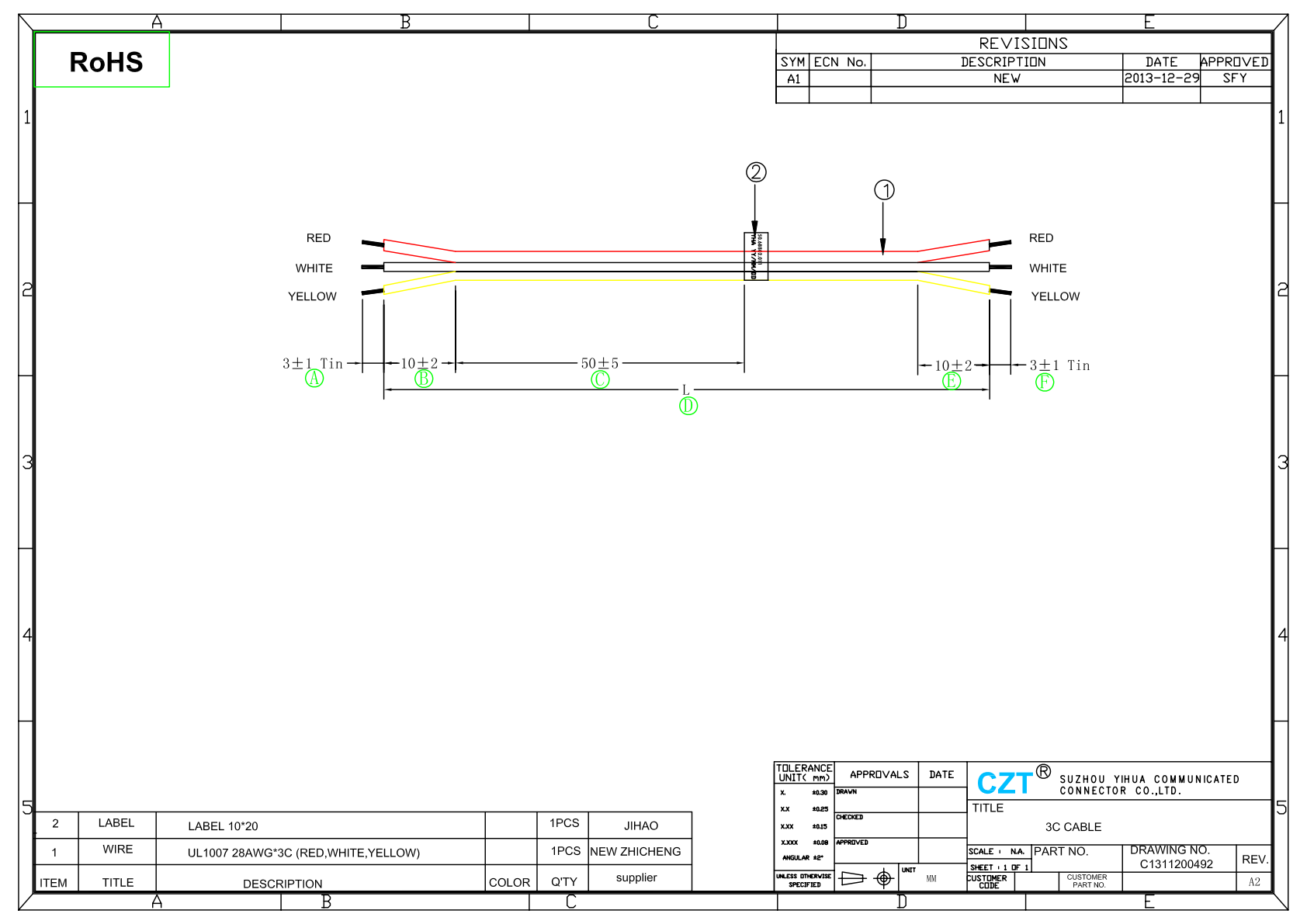 Official CZT 3C CABLE drawing with wire definitions and label placement