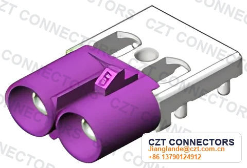 FAKRA Dual-Port Male Horizontal PCB-Mount Connector, 8mm Pitch
