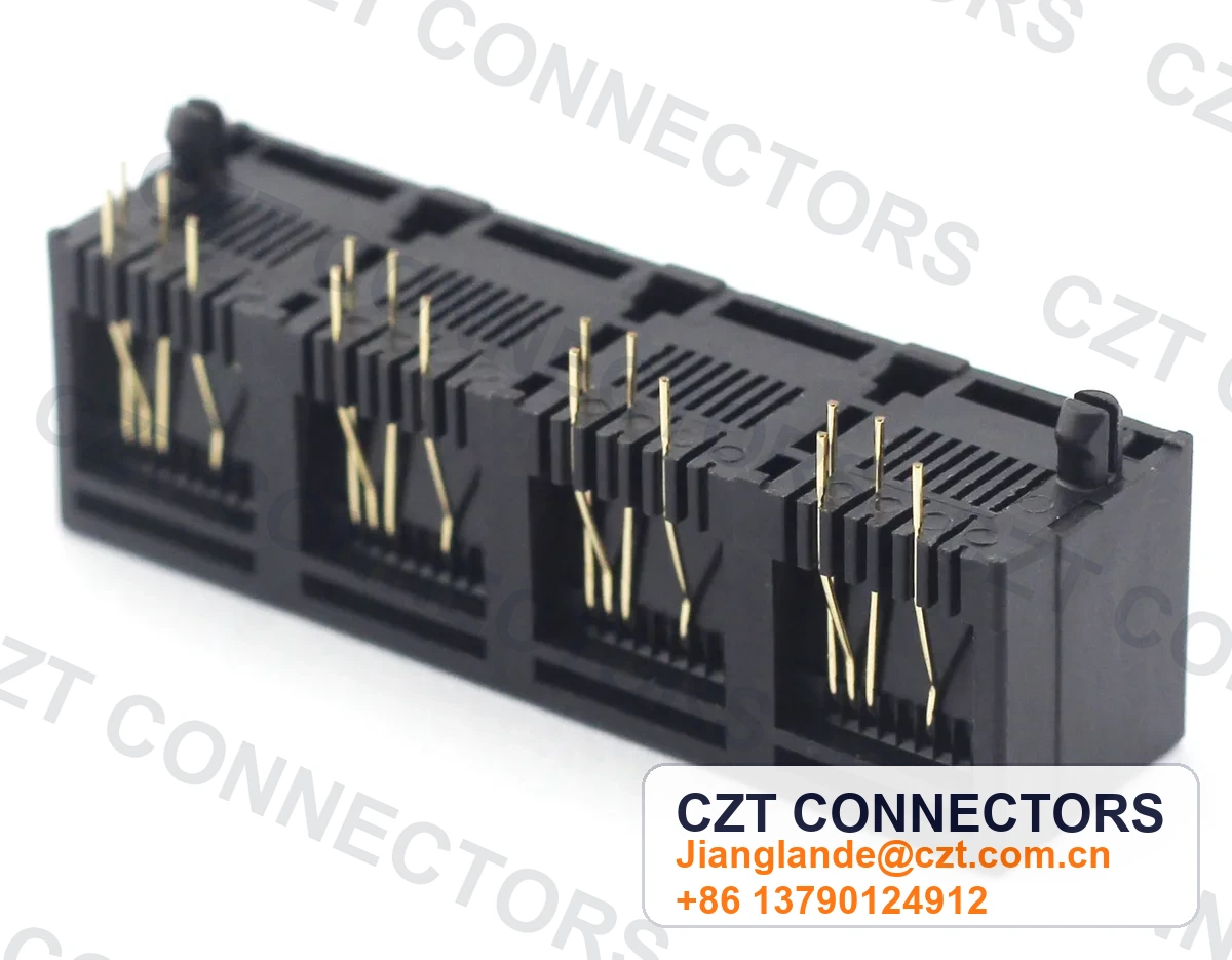Quad-Port PCB Mount Shielded RJ45 Modular Jack