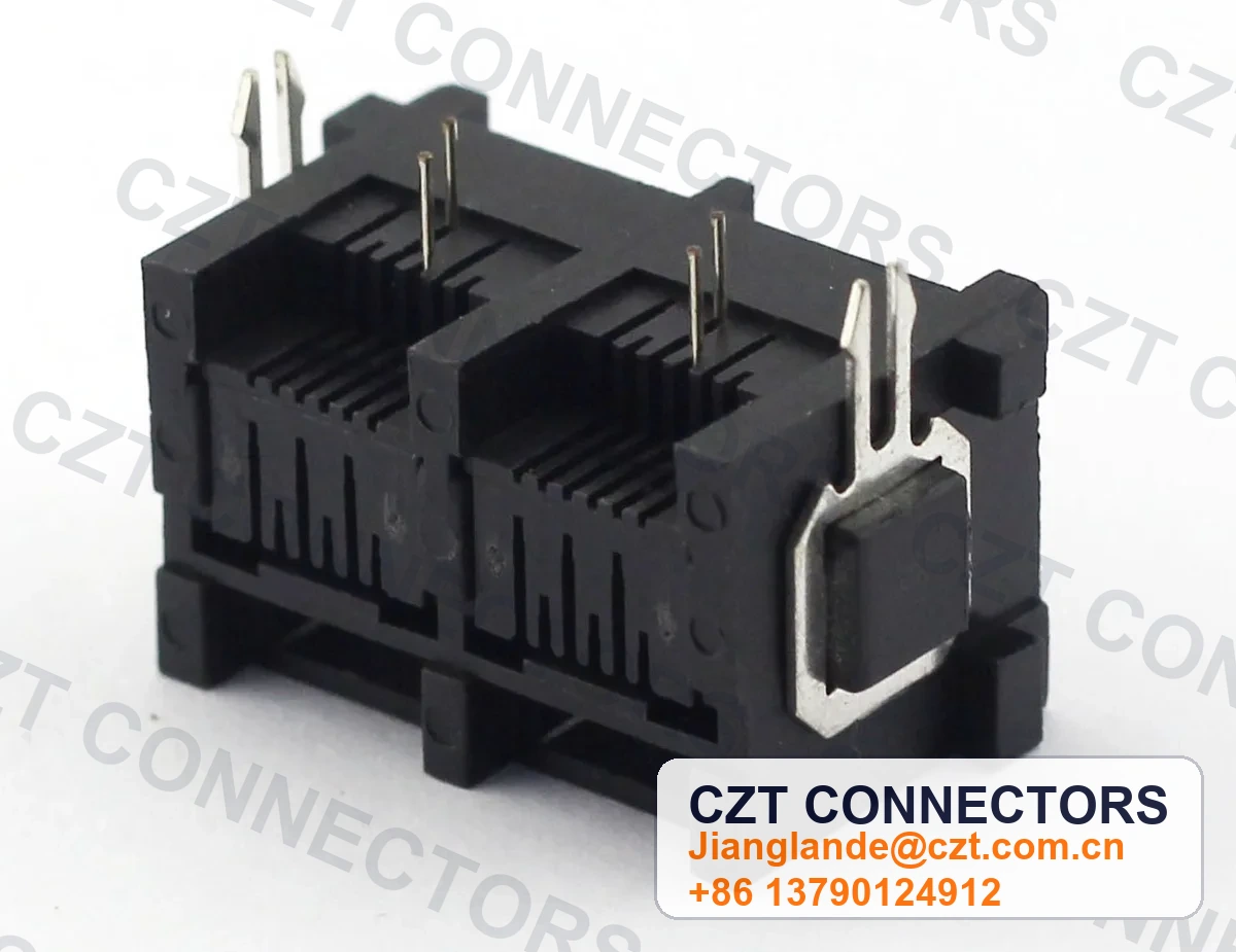 Dual-Port Right-Angle Shielded RJ45 Modular Jack