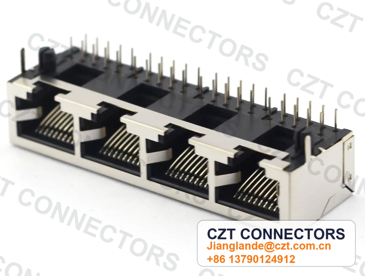 Quad-Port PCB Mount Shielded Modular Jack