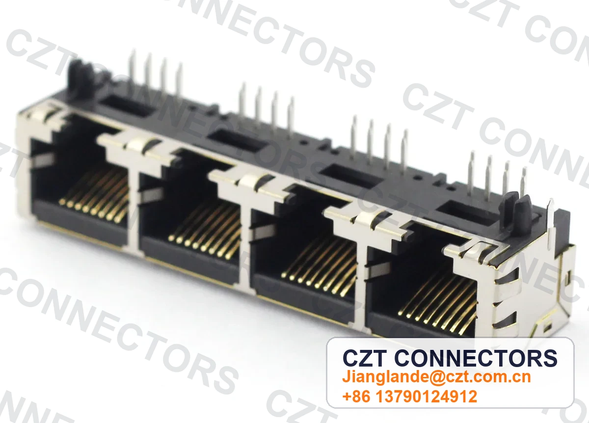 Quad-Port PCB Mount Shielded RJ45 Modular Jack