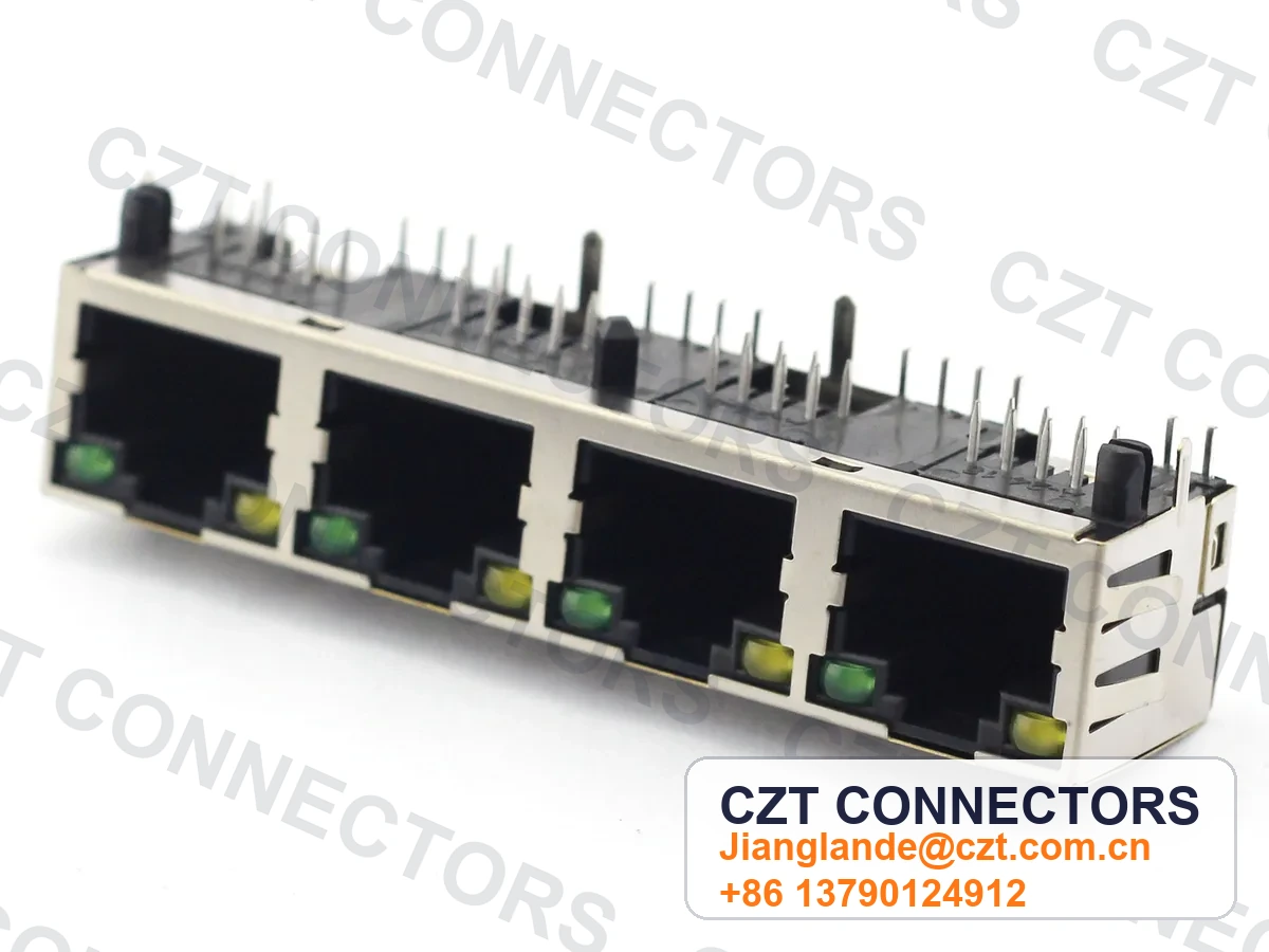 Quad-Port PCB Mount Shielded LED RJ45 Modular Jack