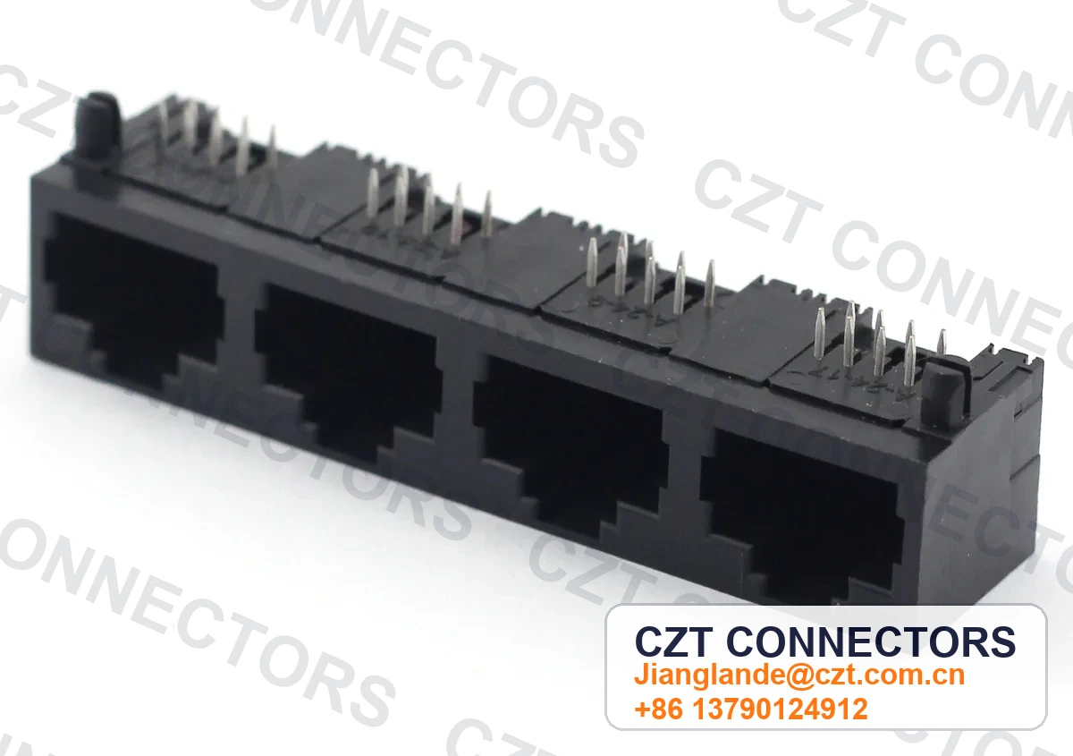 Quad-Port PCB Mount Unshielded LED RJ45 Modular Jack