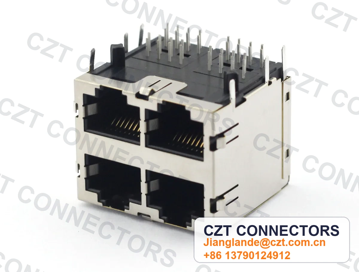 Quad-Port PCB Mount Shielded RJ45 Modular Jack