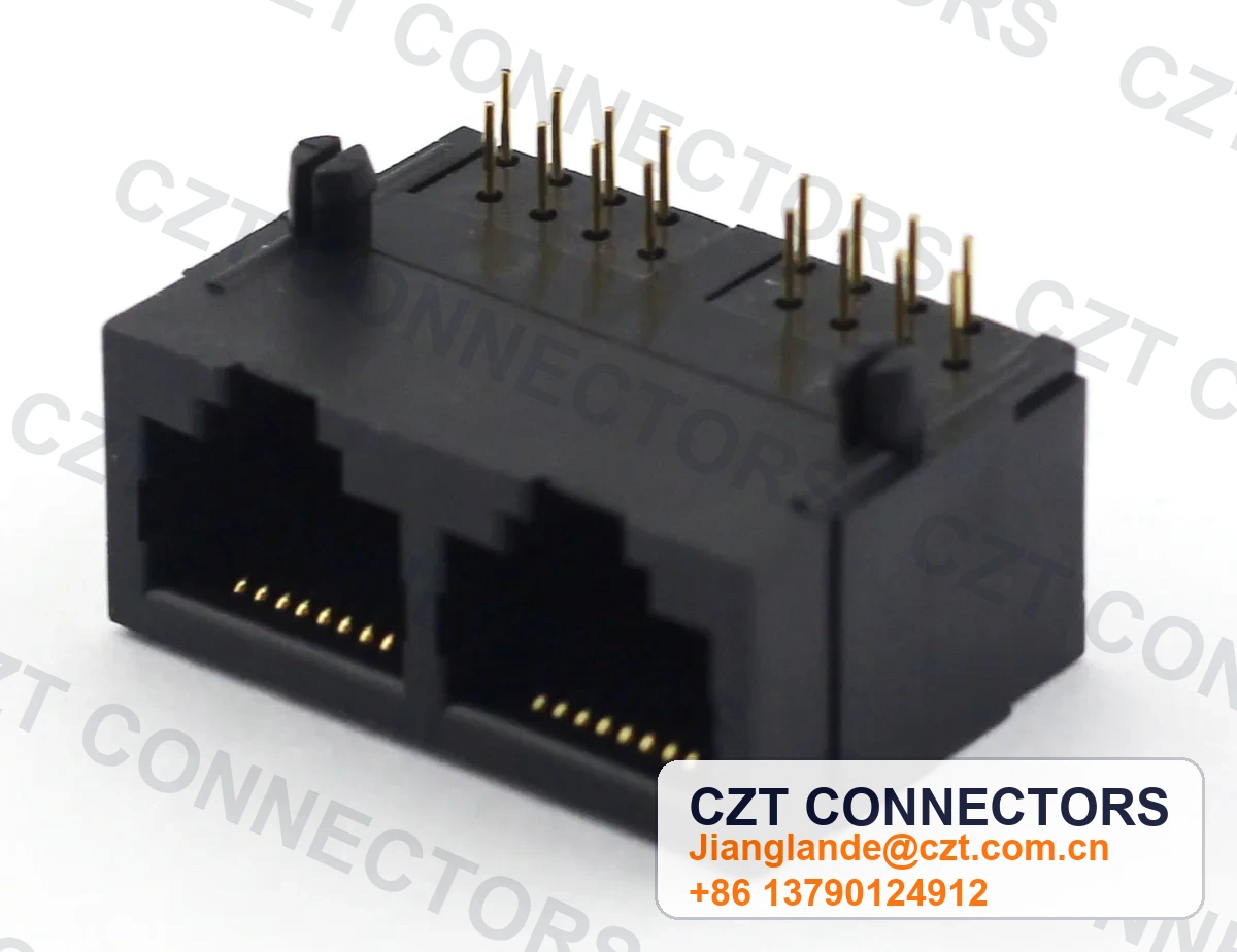 Dual-Port PCB Mount Shielded RJ45 Modular Jack