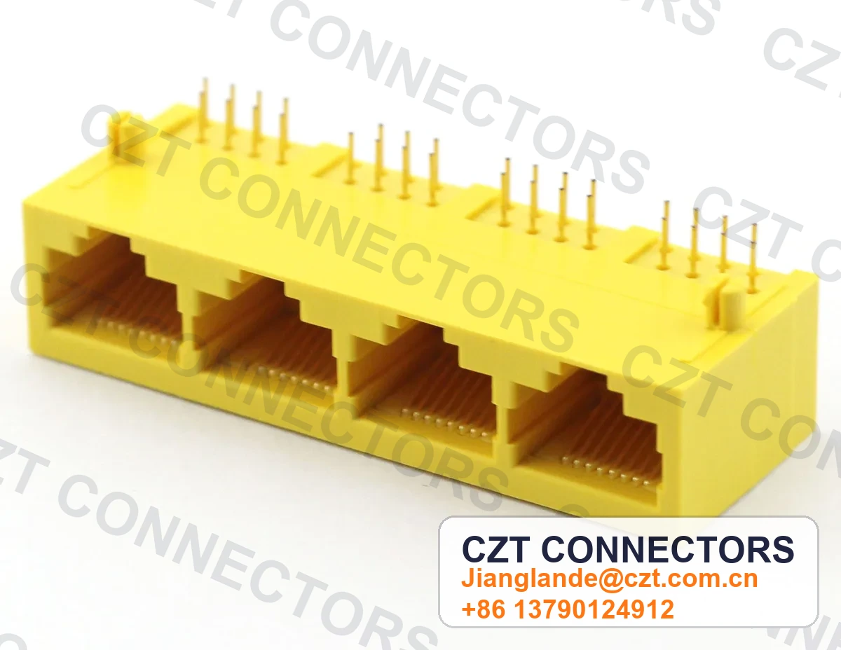 Quad-Port PCB Mount Shielded RJ45 Modular Jack
