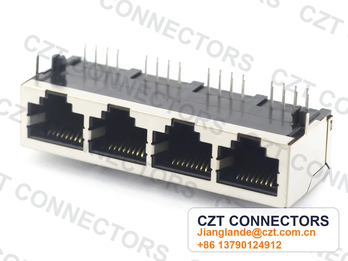 Quad-Port PCB Mount Shielded RJ45 Modular Jack