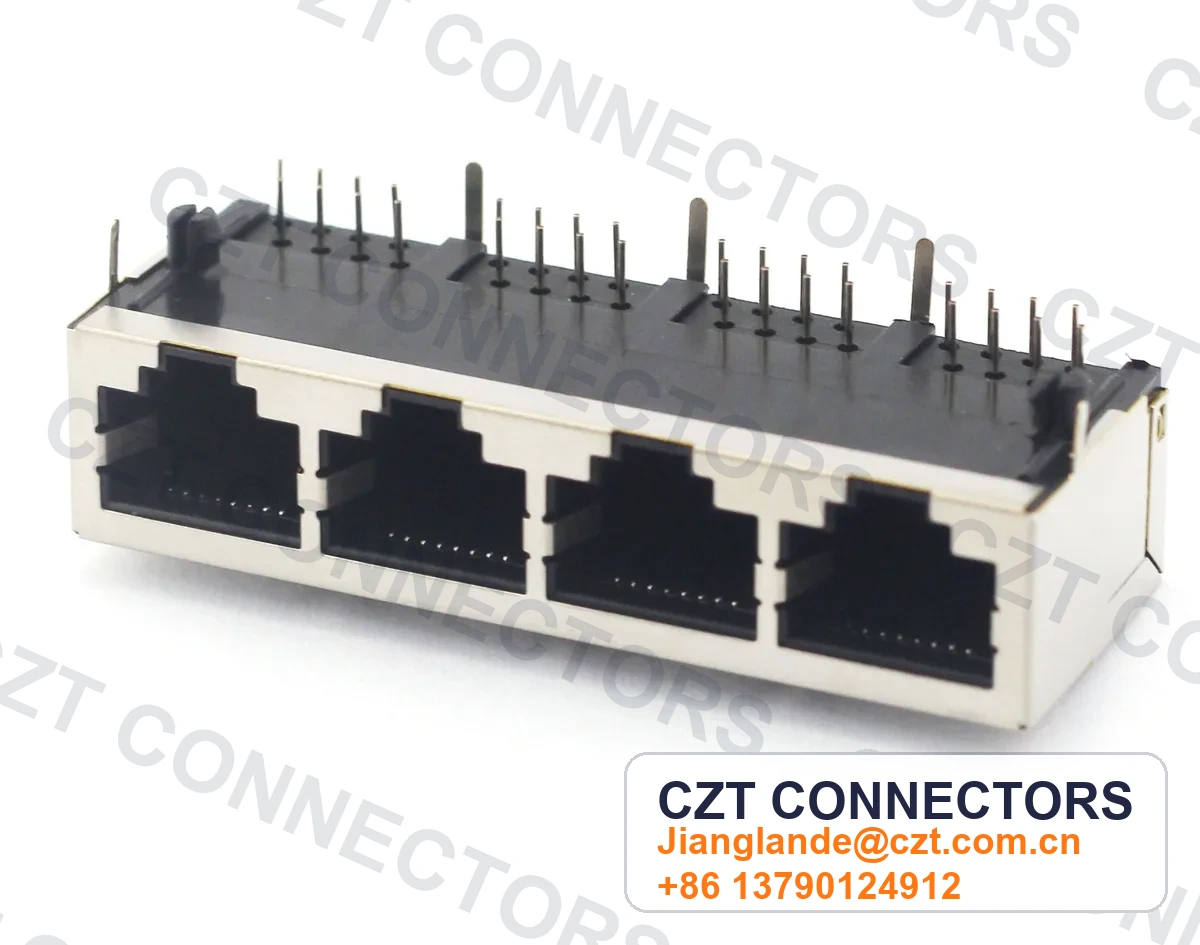 Quad-Port PCB Mount Shielded RJ45 Modular Jack