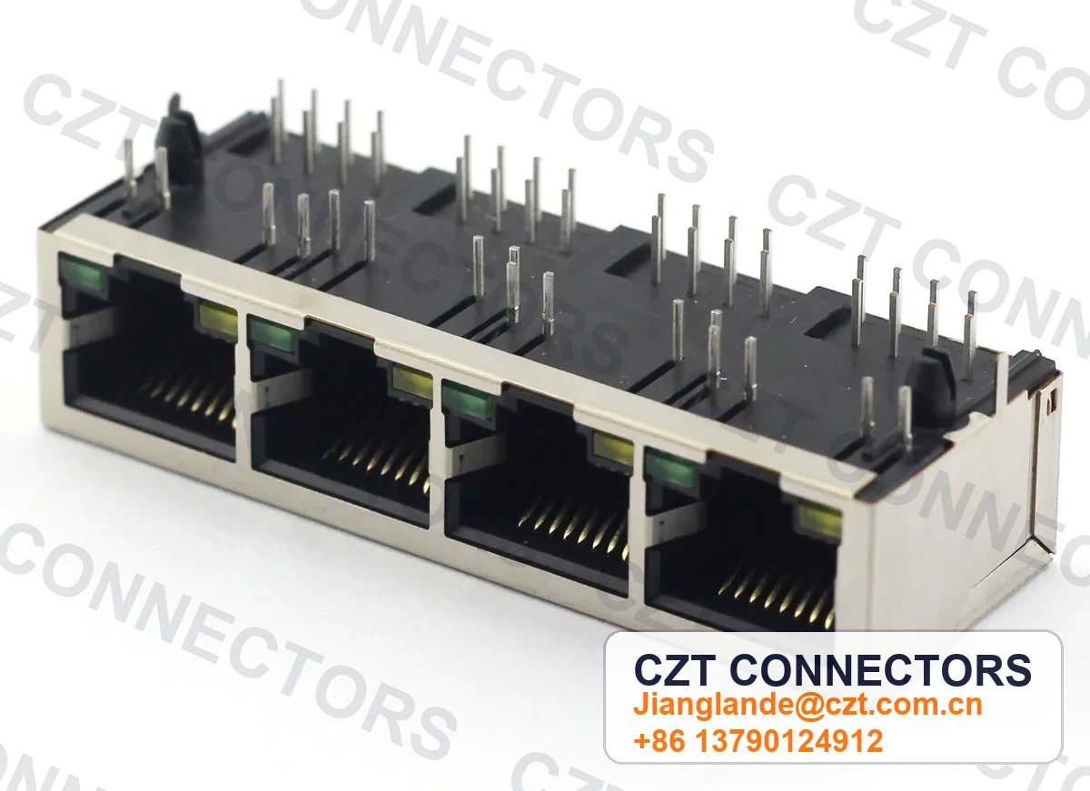 Quad-Port PCB Mount Shielded LED RJ45 Modular Jack
