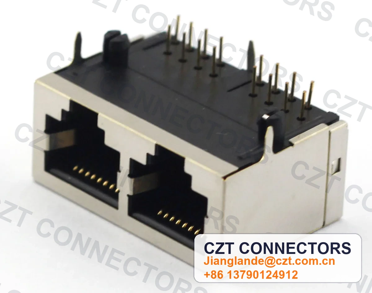 Dual-Port PCB Mount Shielded RJ45 Modular Jack