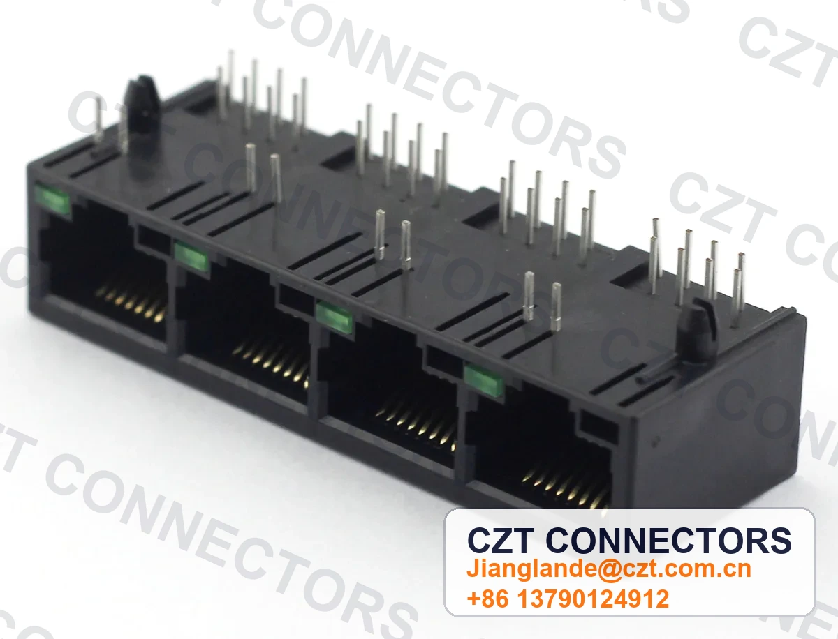 Quad-Port PCB Mount Shielded LED RJ45 Modular Jack