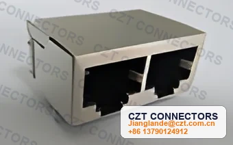 Dual-Port PCB Mount Shielded LED ICM RJ45 Integrated Magnetics Jack