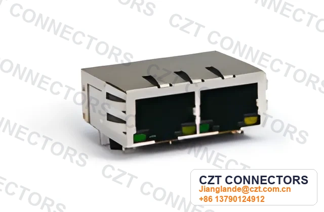 Dual-Port PCB Mount Shielded LED ICM RJ45 Integrated Magnetics Jack