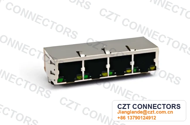 Quad-Port PCB Mount Shielded LED ICM RJ45 Integrated Magnetics Jack