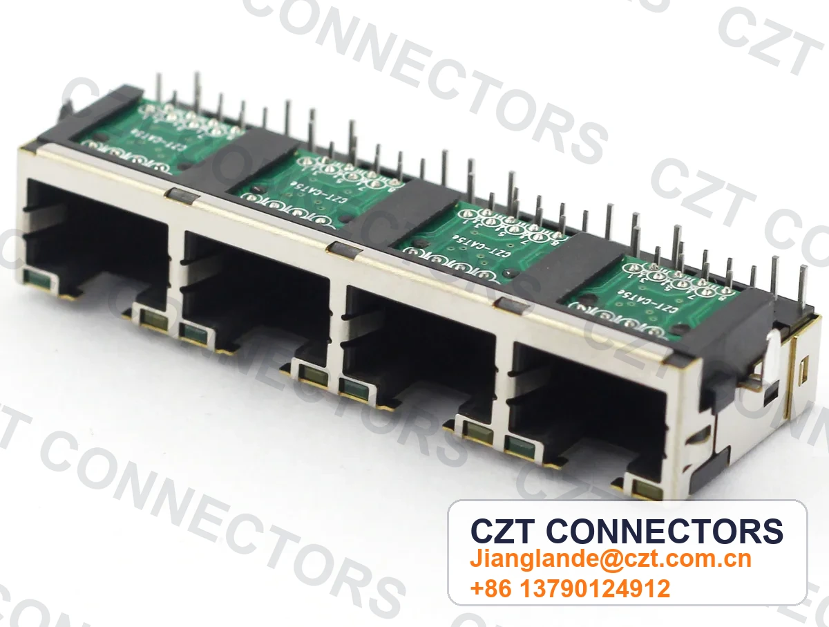 Quad-Port PCB Mount Shielded RJ45 Modular Jack
