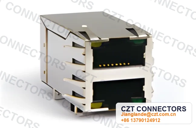 Dual-Port Vertical Shielded LED ICM RJ45 Integrated Magnetics Jack