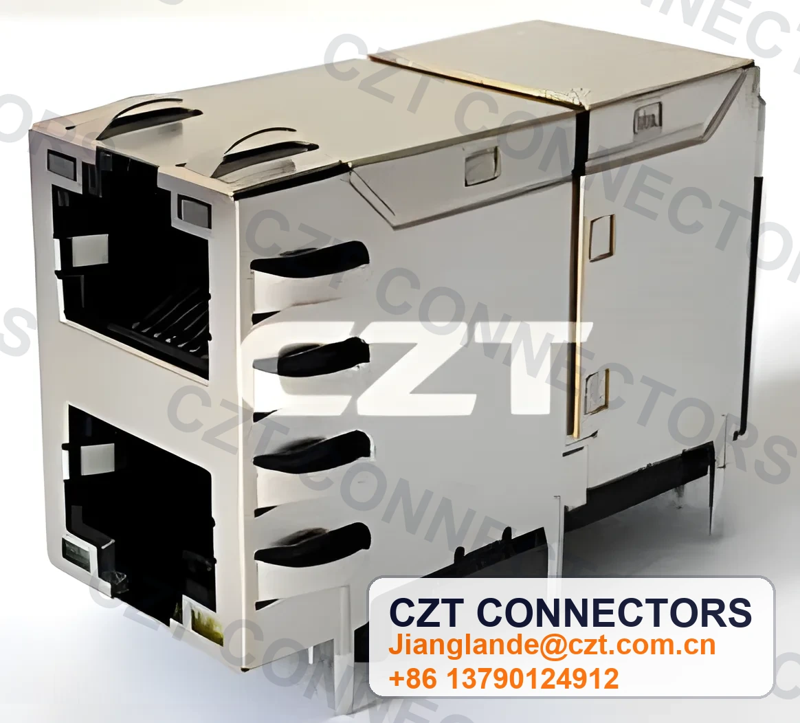 Dual-Port PCB Mount ICM RJ45 Integrated Magnetics Jack