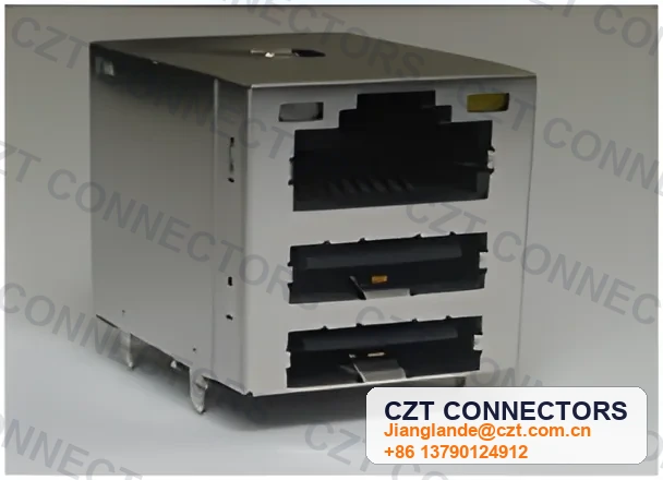 Dual-Port PCB Mount Shielded LED ICM RJ45 Integrated Magnetics Jack
