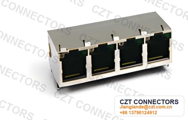 Quad-Port PCB Mount Shielded LED ICM RJ45 Integrated Magnetics Jack