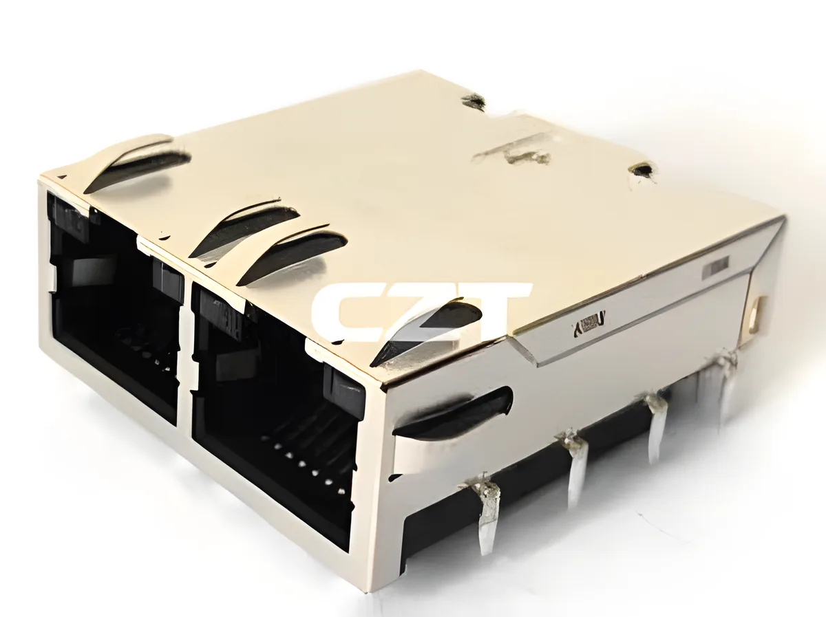 Close-up comparison of an unshielded Cat5e RJ45 plug and a shielded Cat6a RJ45 plug, showing the metal housing on the shielded version